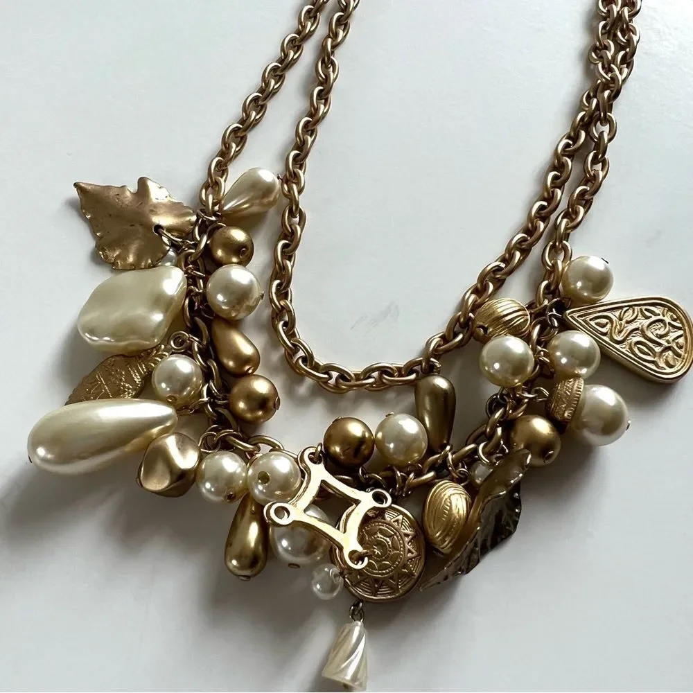 Pearl Gold Tone Dual Chain Charm Necklace